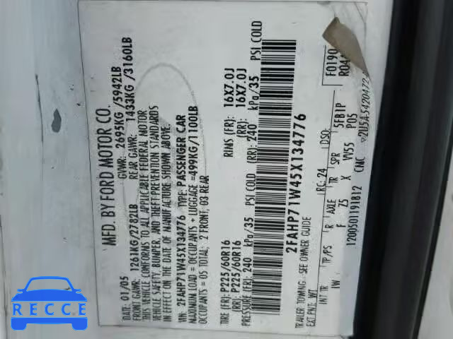 2005 FORD CROWN VIC 2FAHP71W45X134776 image 9