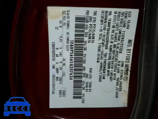 2005 FORD TAURUS SEL 1FAHP56S65A207634 image 9
