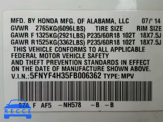 2015 HONDA PILOT SE 5FNYF4H35FB006362 image 9