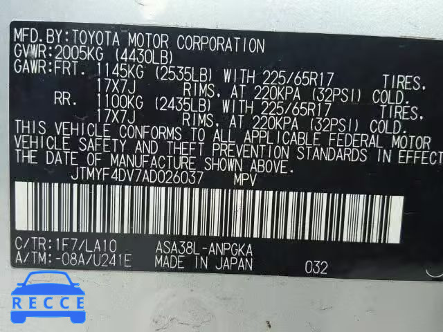 2010 TOYOTA RAV4 LTD JTMYF4DV7AD026037 image 9