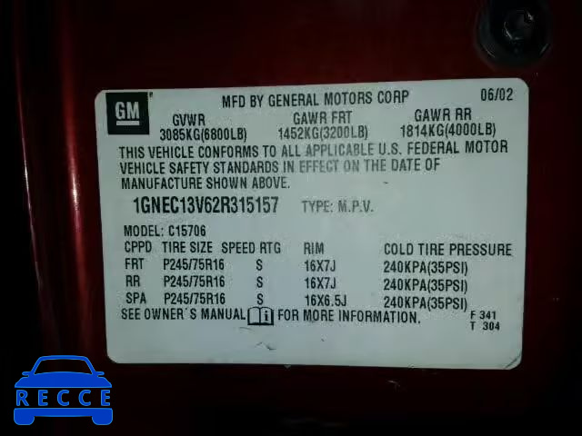 2002 CHEVROLET TAHOE C150 1GNEC13V62R315157 image 9