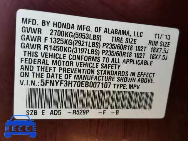 2014 HONDA PILOT EXLN 5FNYF3H70EB007107 image 9