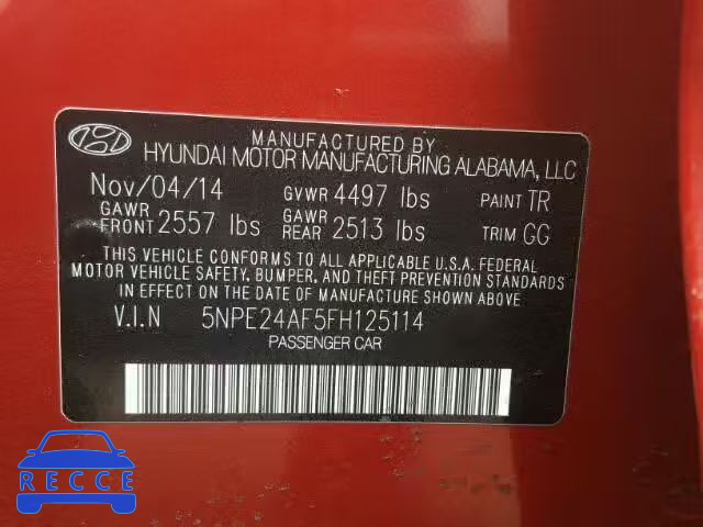 2015 HYUNDAI SONATA SE 5NPE24AF5FH125114 image 9