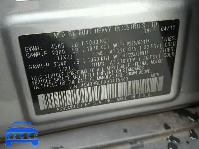 2011 SUBARU OUTBACK 2. 4S4BRBLCXB3415663 image 9