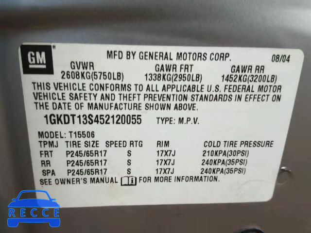 2005 GMC ENVOY 1GKDT13S452120055 image 9