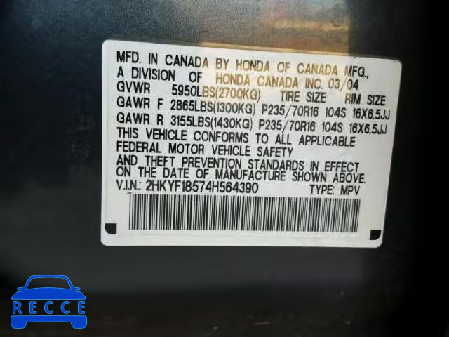 2004 HONDA PILOT EXL 2HKYF18574H564390 image 9