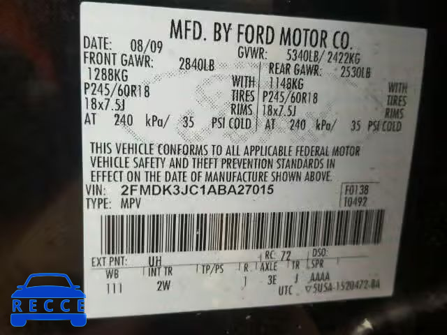 2010 FORD EDGE SEL 2FMDK3JC1ABA27015 image 9