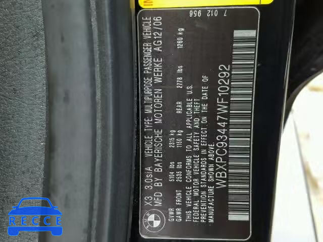 2007 BMW X3 3.0SI WBXPC93447WF10292 image 9