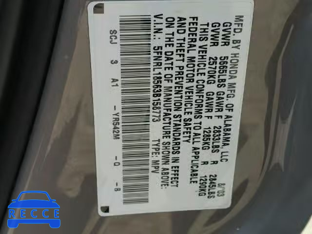 2003 HONDA ODYSSEY LX 5FNRL18563B158773 image 9