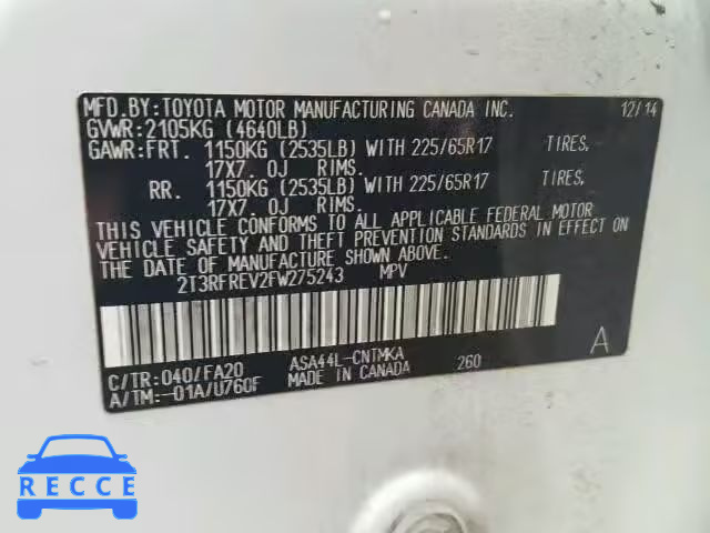 2015 TOYOTA RAV4 XLE 2T3RFREV2FW275243 image 9