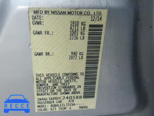 2015 NISSAN ALTIMA 2.5 1N4AL3AP0FC240588 Bild 9