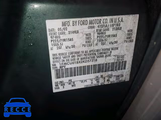 2002 FORD ESCAPE XLS 1FMCU01BX2KD57318 зображення 9