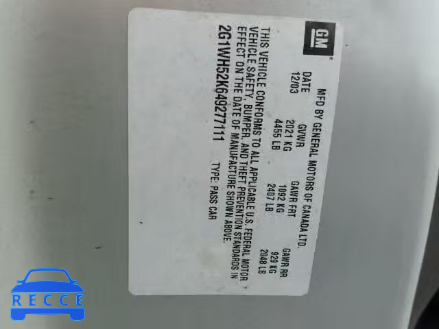 2004 CHEVROLET IMPALA LS 2G1WH52K649277111 image 9