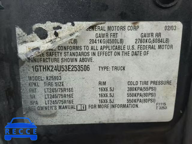 2003 GMC SIERRA K25 1GTHK24U53E253506 image 9