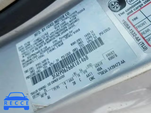 2006 FORD FUSION S 3FAFP06Z66R181468 image 9