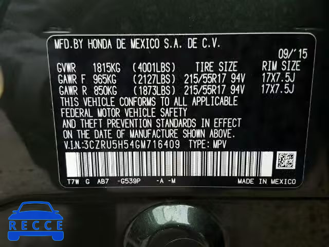 2016 HONDA HR-V EX/EX 3CZRU5H54GM716409 зображення 9