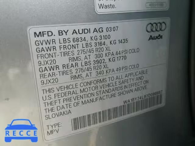 2007 AUDI Q7 3.6 QUA WA1BY74L97D096867 image 9