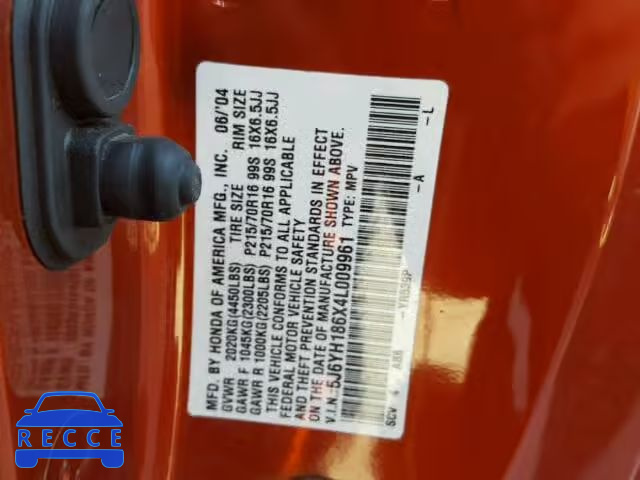 2004 HONDA ELEMENT EX 5J6YH186X4L009961 зображення 9