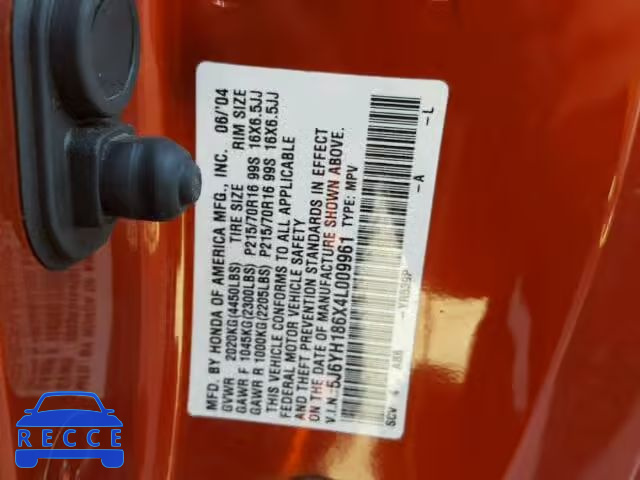 2004 HONDA ELEMENT EX 5J6YH186X4L009961 image 9