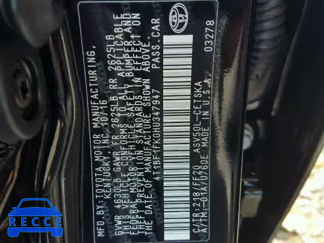 2017 TOYOTA CAMRY LE 4T1BF1FK0HU347947 image 9