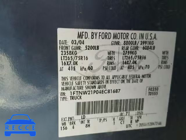 2004 FORD F250 SUPER 1FTNW21P04EC81687 image 9