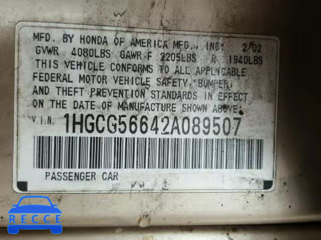 2002 HONDA ACCORD EX 1HGCG56642A089507 image 9