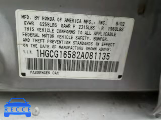 2002 HONDA ACCORD EX 1HGCG16582A081135 зображення 9