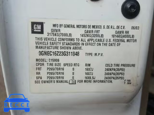 2003 CHEVROLET C1500 SUBU 3GNEC16Z23G311848 Bild 9