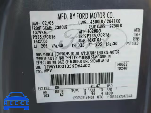 2005 FORD ESCAPE XLT 1FMYU03135KD64402 image 9