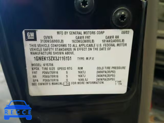 2003 CHEVROLET TAHOE K150 1GNEK13ZX3J116151 image 9