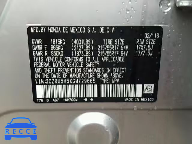 2016 HONDA HR-V EX/EX 3CZRU5H5XGM729665 зображення 9
