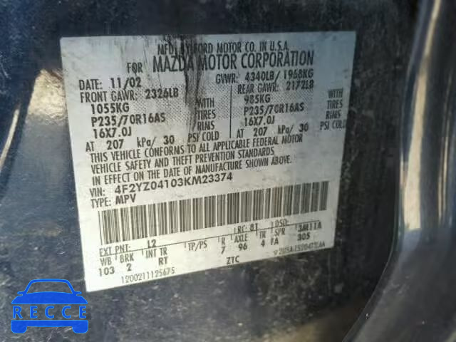 2003 MAZDA TRIBUTE LX 4F2YZ04103KM23374 image 9