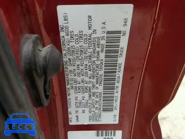 2008 TOYOTA TACOMA 5TENX22N28Z540886 image 9