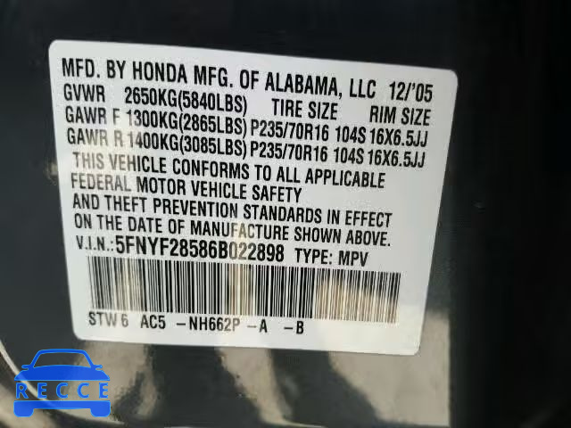 2006 HONDA PILOT EX 5FNYF28586B022898 image 9