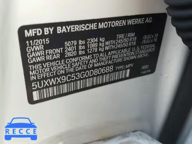 2016 BMW X3 XDRIVE2 5UXWX9C53G0D80688 зображення 9