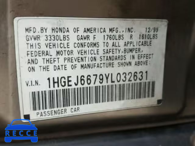 2000 HONDA CIVIC LX 1HGEJ6679YL032631 image 9