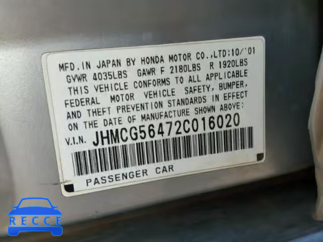 2002 HONDA ACCORD LX JHMCG56472C016020 image 9