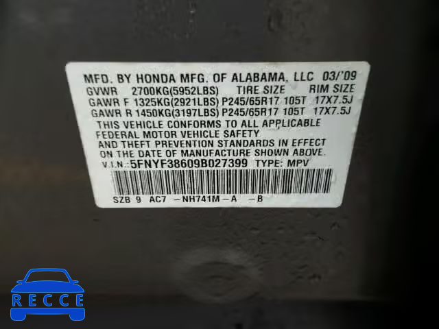 2009 HONDA PILOT EXL 5FNYF38609B027399 image 9