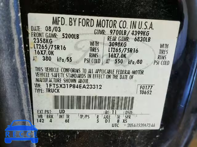 2004 FORD F350 SUPER 1FTSX31P84EA23312 зображення 9