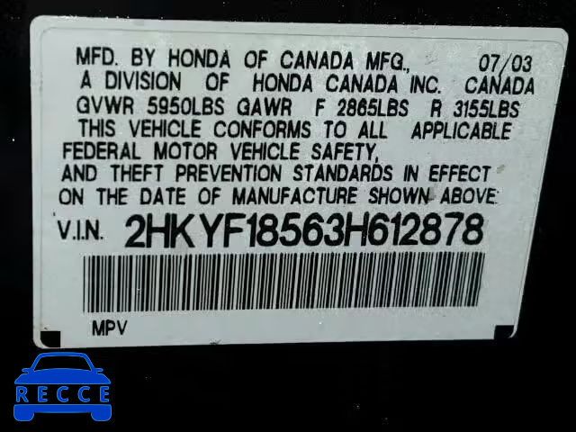 2003 HONDA PILOT EXL 2HKYF18563H612878 image 9