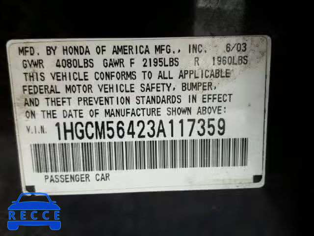 2003 HONDA ACCORD LX 1HGCM56423A117359 image 9