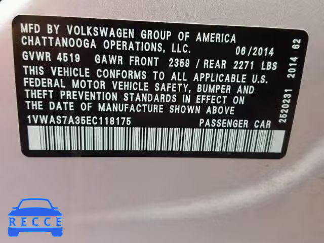 2014 VOLKSWAGEN PASSAT S 1VWAS7A35EC118175 image 9