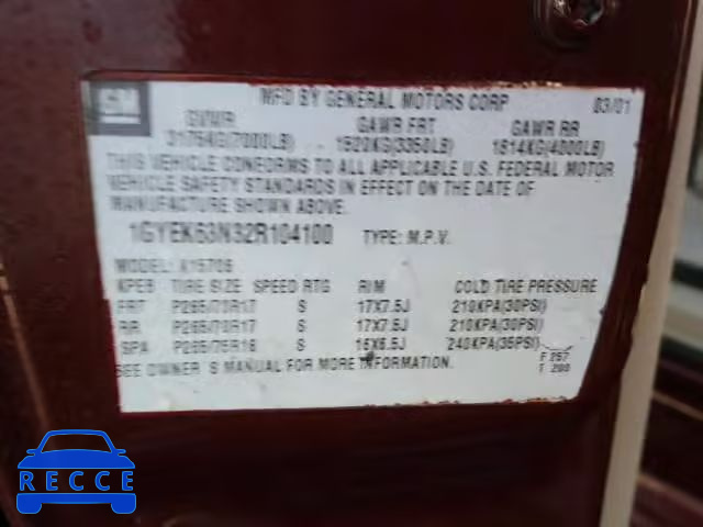 2002 CADILLAC ESCALADE L 1GYEK63N32R104100 Bild 9