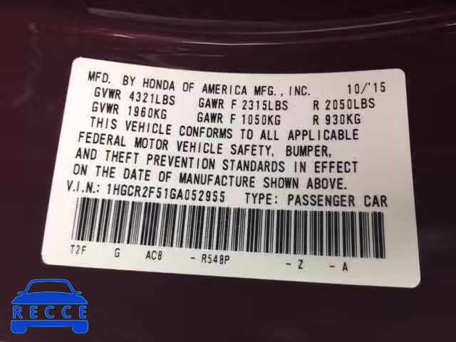 2016 HONDA ACCORD SPO 1HGCR2F51GA052955 image 9