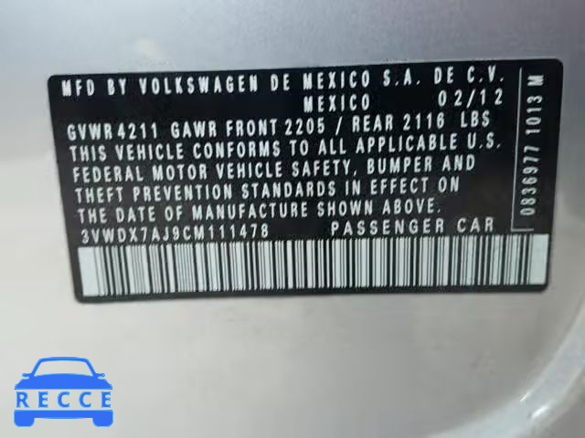 2012 VOLKSWAGEN JETTA SE 3VWDX7AJ9CM111478 image 9