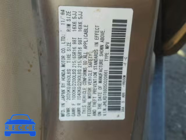 2005 HONDA CR-V EX JHLRD78805C020661 зображення 9