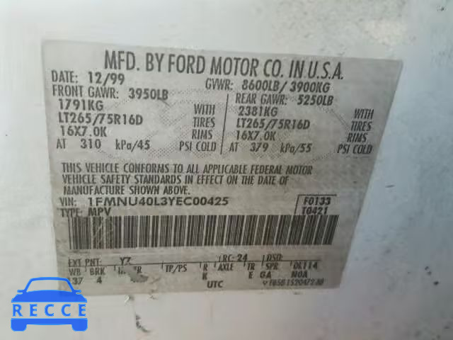 2000 FORD EXCURSION 1FMNU40L3YEC00425 image 9