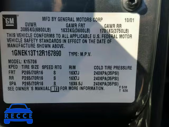2002 CHEVROLET TAHOE K150 1GNEK13T12R167890 image 9