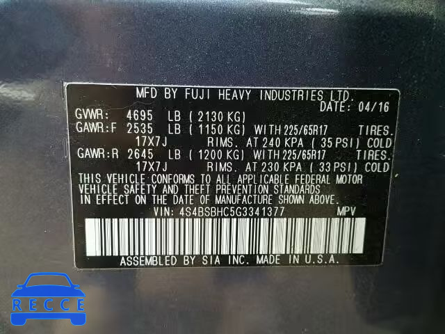 2016 SUBARU OUTBACK 2. 4S4BSBHC5G3341377 image 9