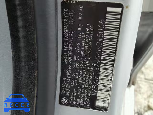 2004 BMW 325I WBAET37404NJ45066 image 9